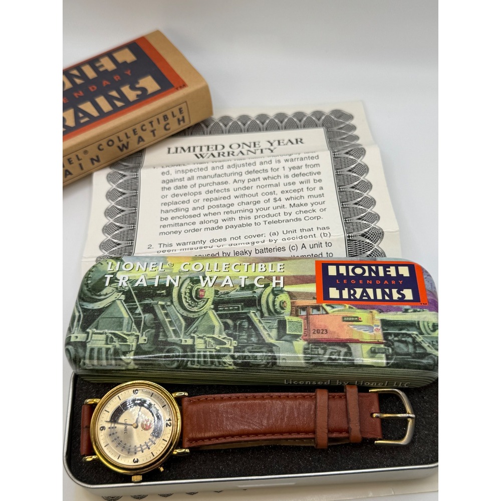 Lionel Legendary Trains Collectible Watch Gold Tone Brown Leather Strap with Tin